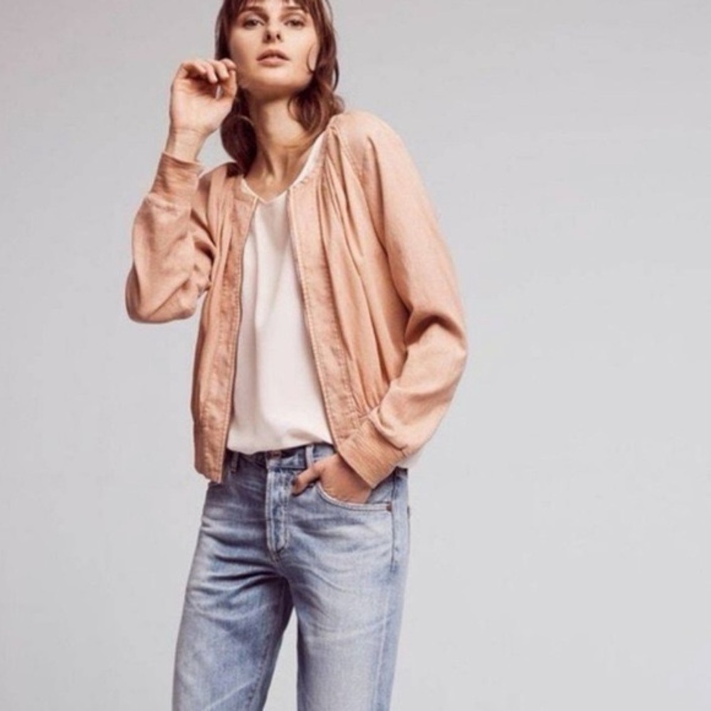ANTHRO Hei Hei Blush Cotton Ruched Bomber Jacket
